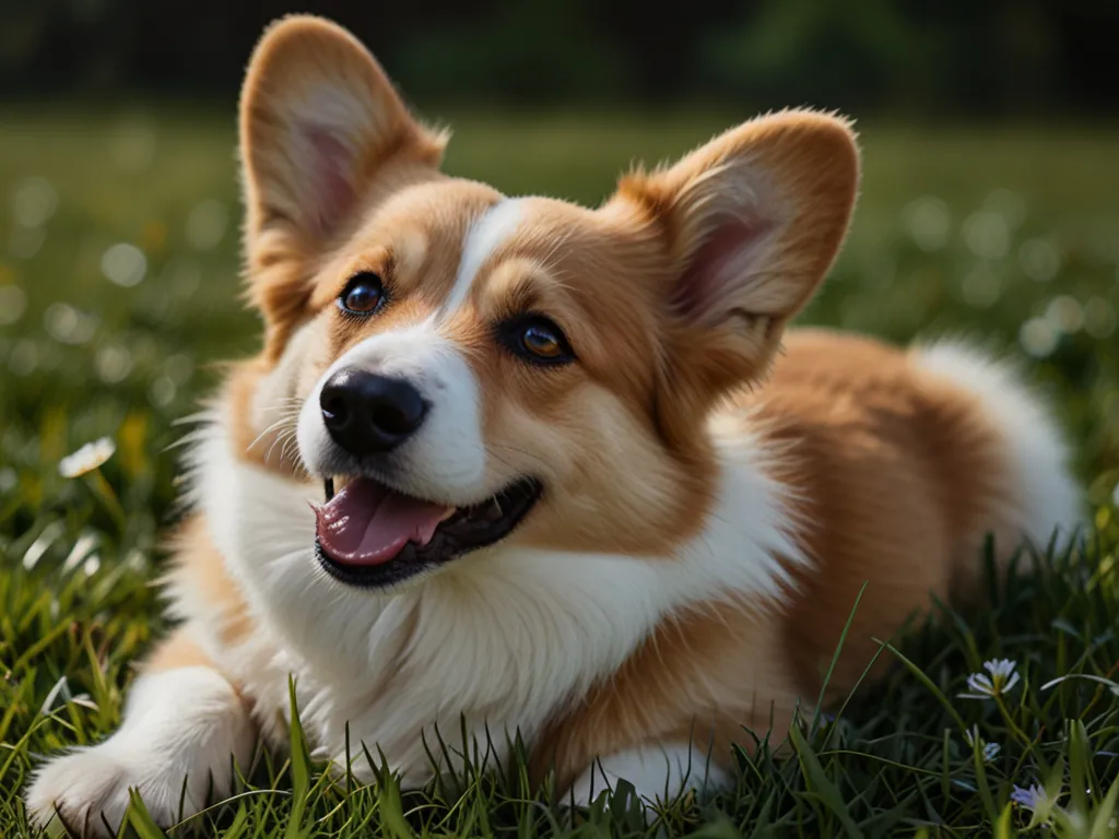 Corgi som ligger i gräset