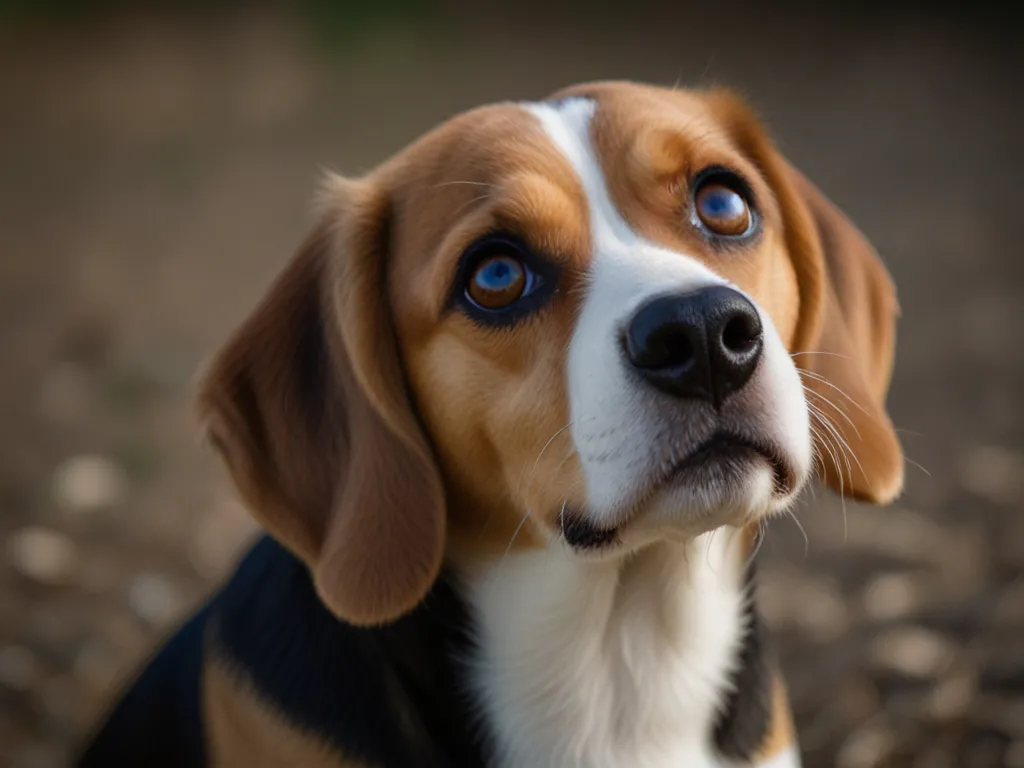 Beagle som tittar upp med stora ögon